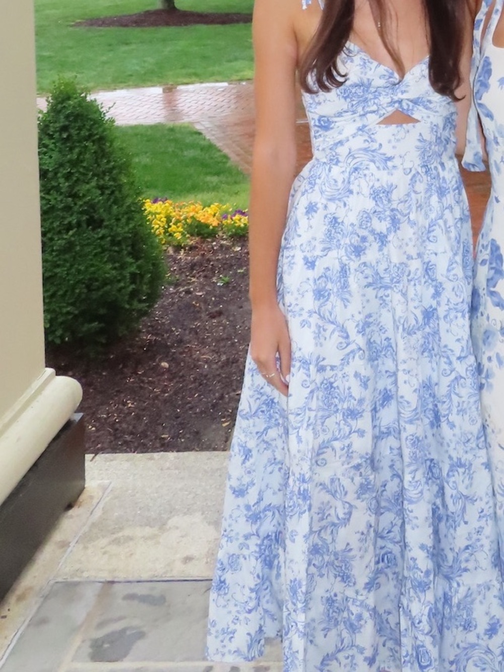 Blue and White Floral Tie-Strap Midi Dress